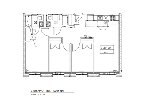 Floor plan for 3 beds, 2 baths, 930 sqft